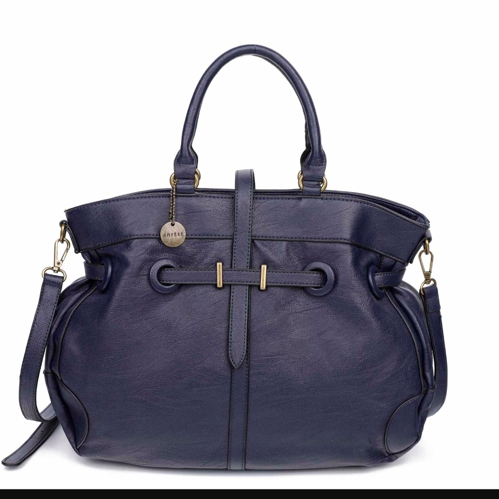 Navy Blue vegan Leather Satchel Style Tote Bag with Adjustable Strap